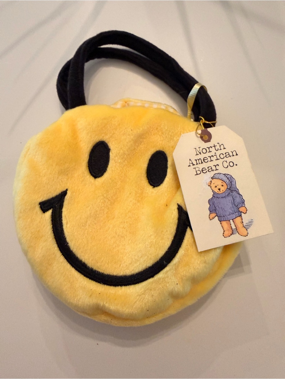 VTG North American Bear Co Smiley Face Plush Goody Bag Purse Tote Yellow NWT